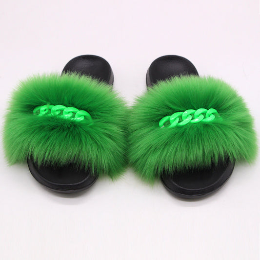 Furry Fur Slippers Fluffy Flip Flops Women Summer Faux Fox Sandals Designer Chain Plush Raccoon Fur Slides Beach Home Flat Shoes