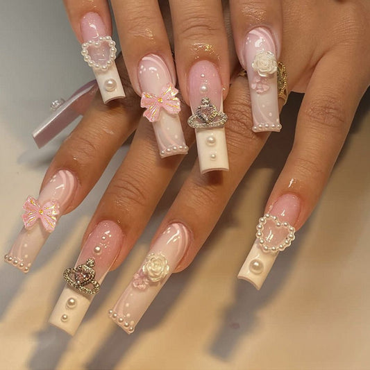 Nails with Bows | Cute pink pearl nails with bows