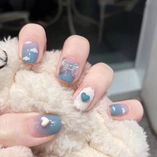 Press on Nails - Handmade Removable Blue Sky And White Cloud
