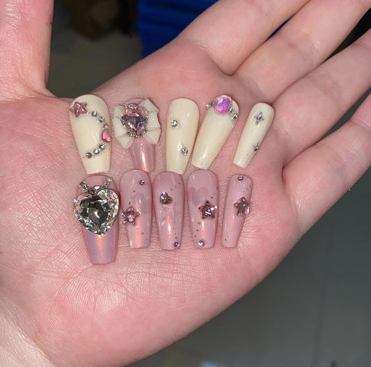 Long Coffin Fake Nails, Love Heart and Stars Rhinestone Decoration, Reusable 7 Layers Gel UV Finish Press on Nails, Handmade Nail Art With Design by Licensed Manicurist, for Women and Girls