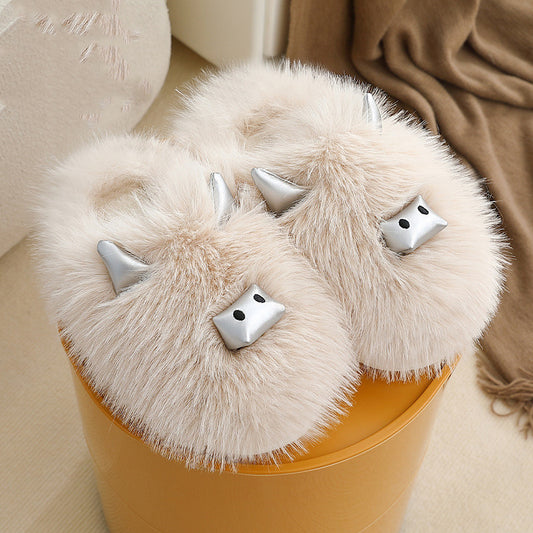 Three-dimensional Metal Horn Fluffy Slippers Female Winter