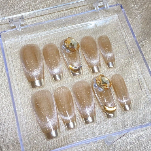 Press On Nails Handmade Nail Tips - Cat Eye Champagne French Nails