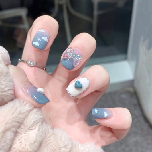 Press on Nails - Handmade Removable Blue Sky And White Cloud
