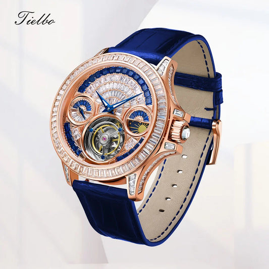 TIELBO Men's Luxury Crystal Tourbillon Watch – Automatic, Diamond Case, Waterproof.