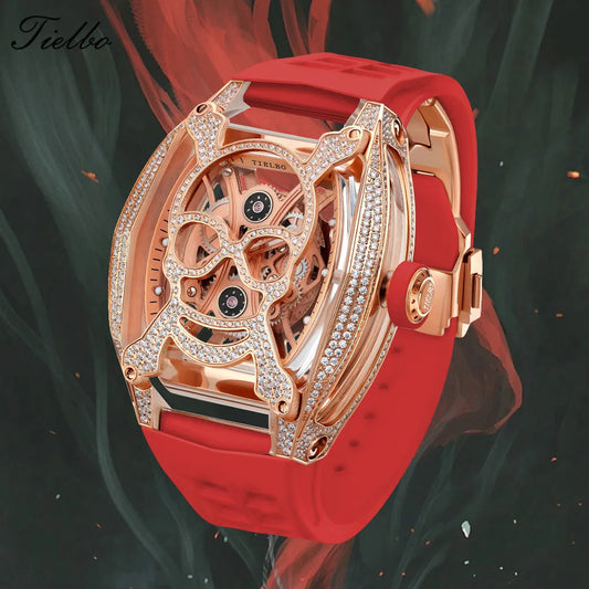 TIELBO Automatic Mechanical Luxury Watch for Men – Crystal, Luminous, Waterproof, Skull Dial