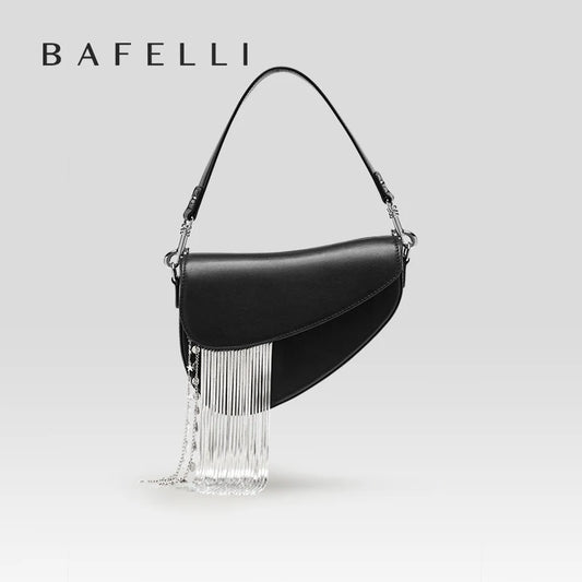 BAFELLI Women's Luxury Leather Shoulder & Crossbody Saddle Bag with Tassels