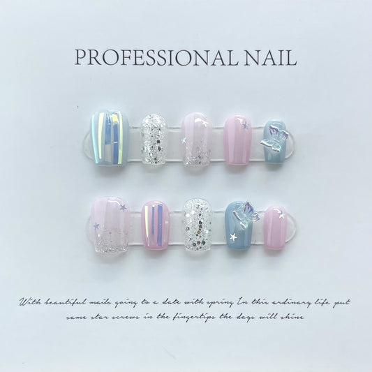 Press on Nails - Handmade Nail tips - Nude And Purple Star Sequins Can Be Removed With Wearable Nail Art