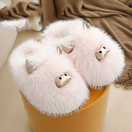 Three-dimensional Metal Horn Fluffy Slippers Female Winter