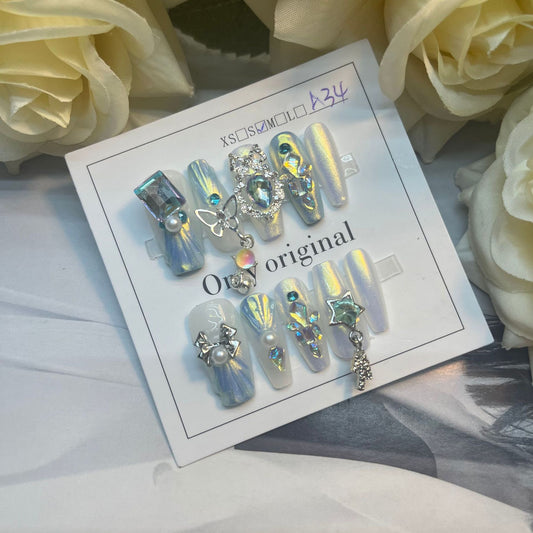 Press On Nails - Handmade Nail Tips - Mermaid princess butterfly diamond handmade nails